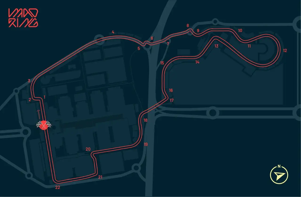 Mapa del circuito de Yas Marina, sede del gran premio fórmula 1. Se aprecian las 21 curvas numeradas y la línea de meta.