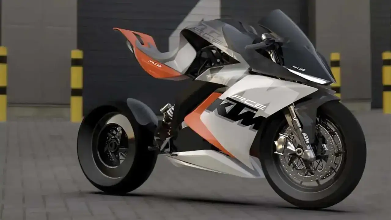 Concepto de moto deportiva Bajaj KTM, con diseño futurista en blanco, naranja y negro.