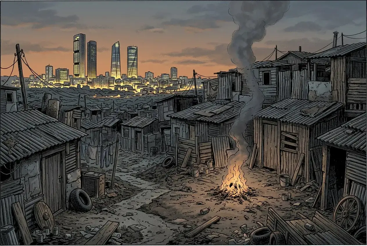 Un asentamiento precario con casas de chapa y madera, humo de **black carbon** ascendiendo de una fogata, contrasta con un horizonte urbano moderno.