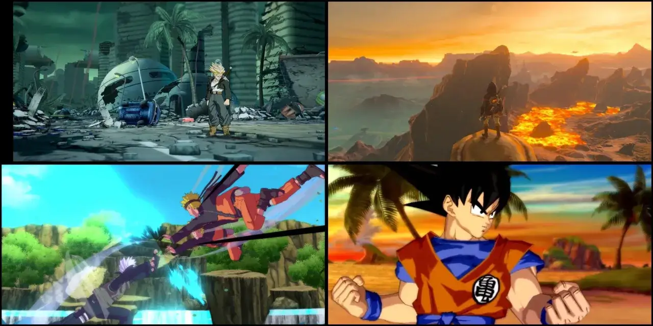 Postapokaliptyczne miasto z Trunks'em, Link na tle wulkanu, Naruto w akcji i Goku na plaży – cztery sceny w stylu cel shading.