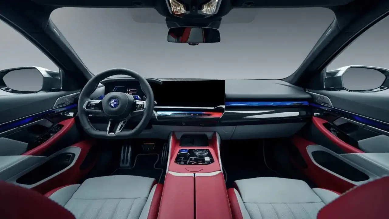 Wnętrze BMW 5 GT: nowoczesny design, czerwono-szare akcenty, duży ekran. Wady i zalety tego modelu warto rozważyć przed zakupem.