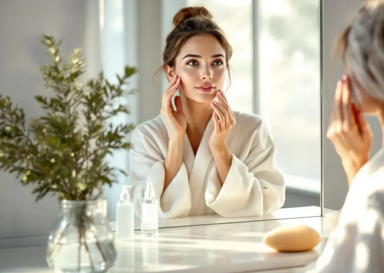 Kobieta w szlafroku delikatnie wklepuje serum do twarzy, podziwiając swoją promienną cerę w lustrze.