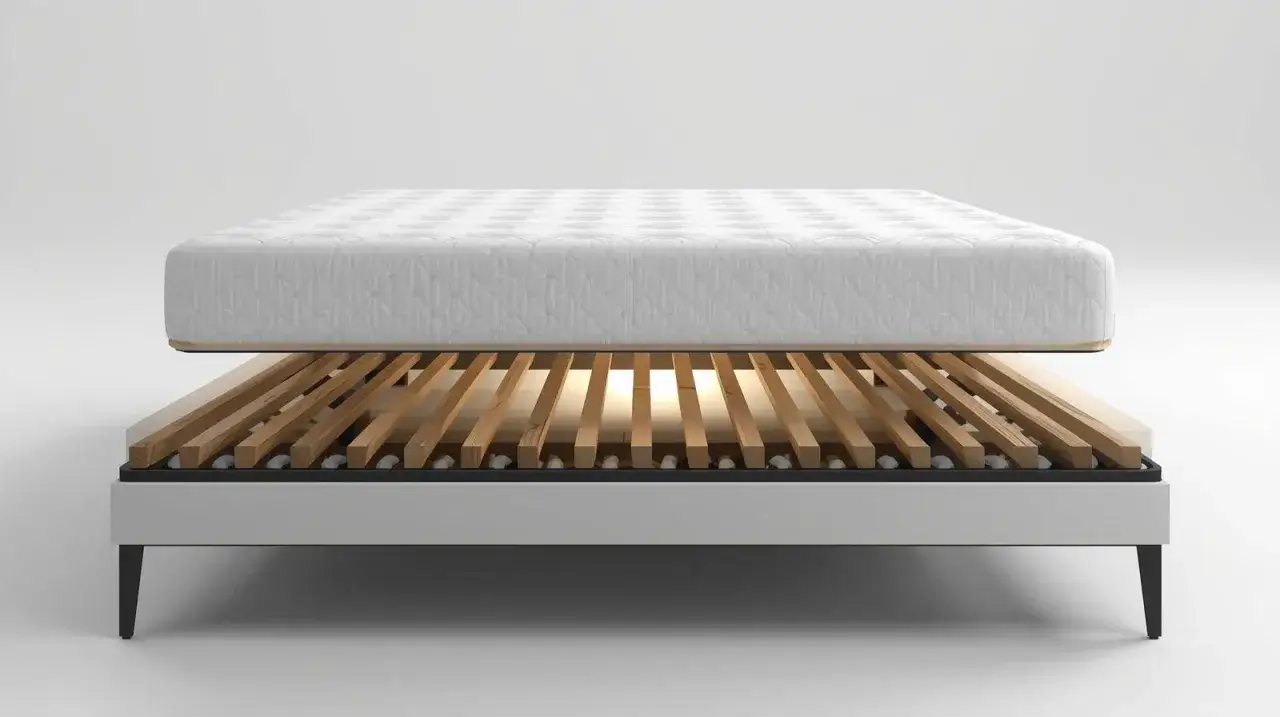 A mattress rests on a slatted bed frame, showcasing the best wood for bed slats for optimal support and breathability.