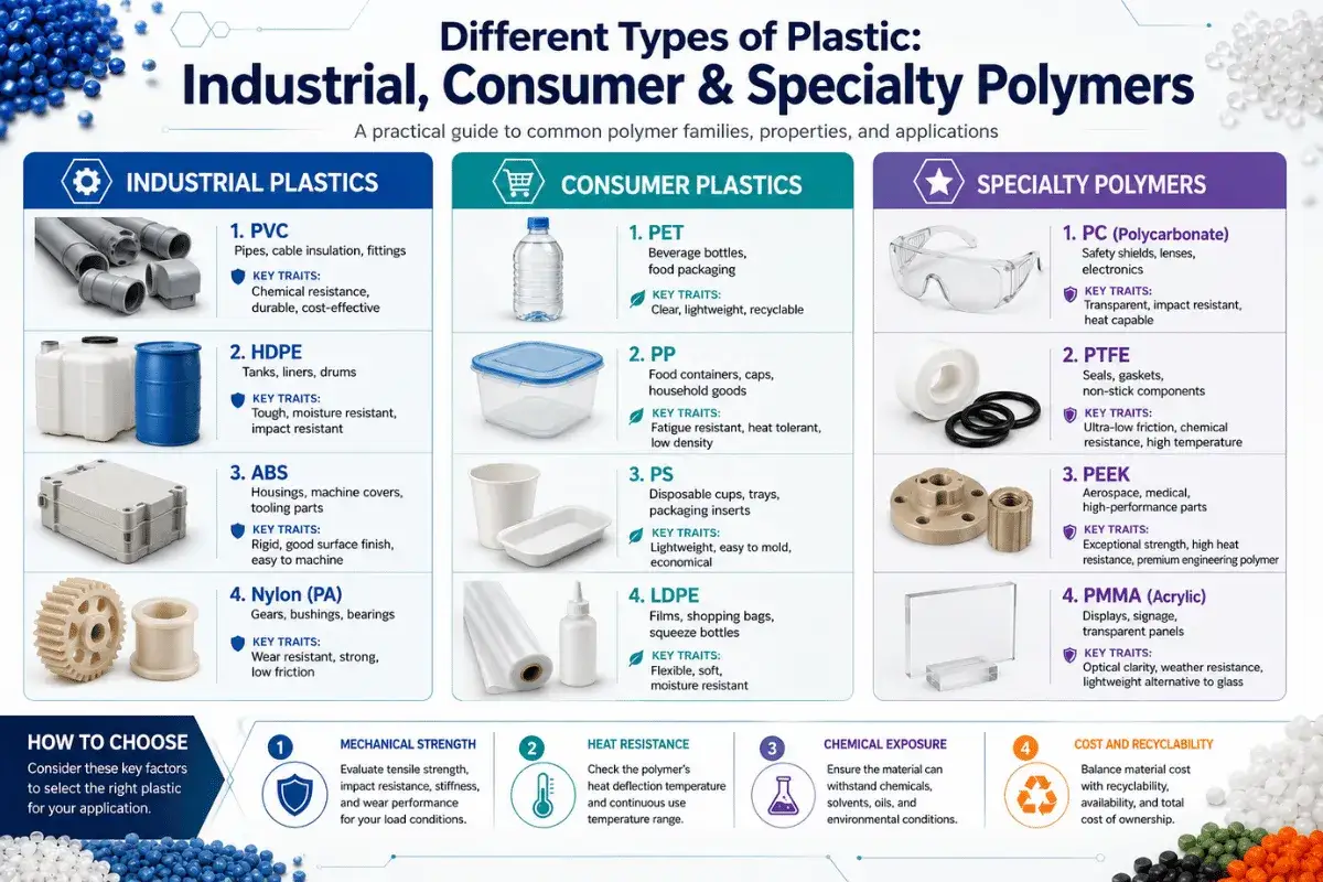 Infographic detailing Industrial, Consumer, and Specialty Plastics. PET is a clear, lightweight, recyclable plastic used for bottles.