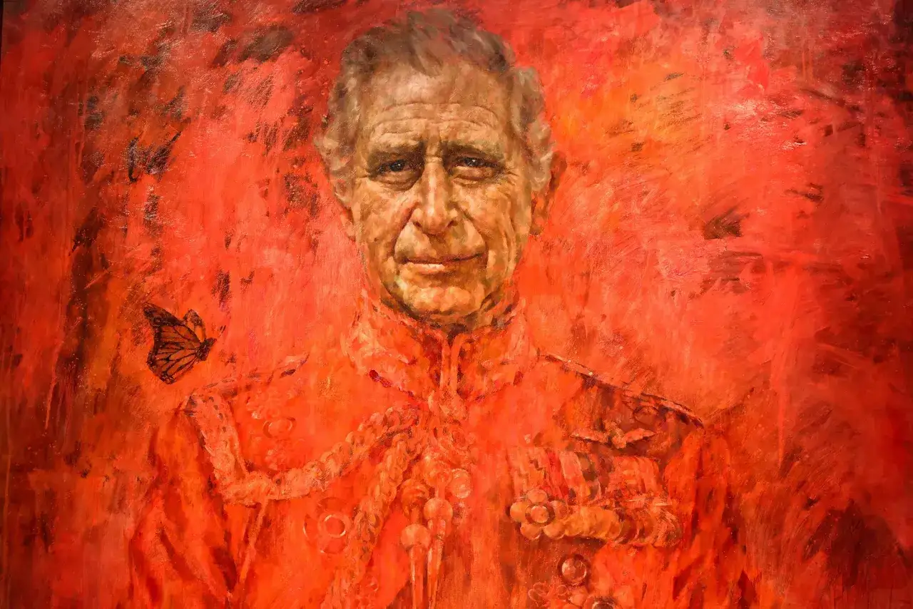 A controversial art portrait of a man in a red uniform, with a butterfly fluttering near his shoulder, rendered in bold, expressive brushstrokes.