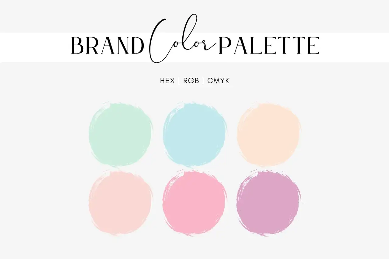 Paleta de colores de marca con seis círculos de colores pastel: menta, azul claro, melocotón, rosa pálido, rosa fuerte y lavanda.