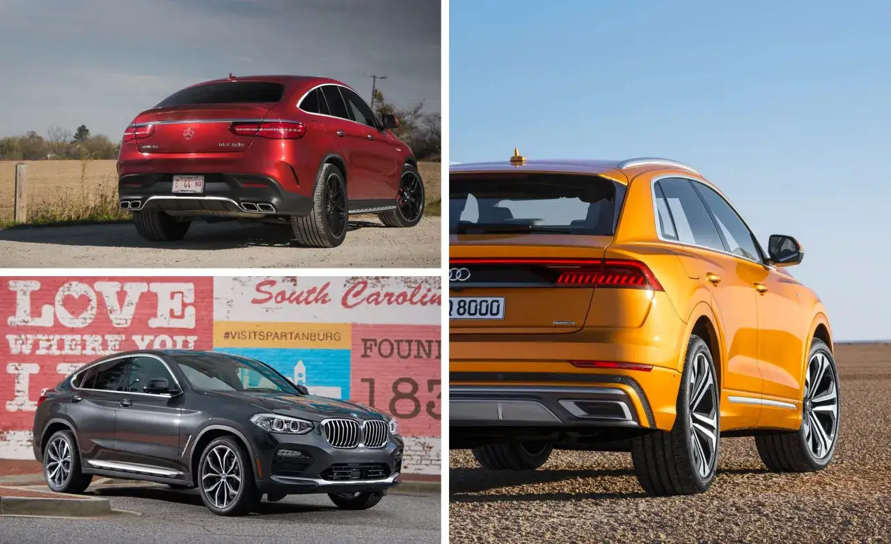Trzy luksusowe SUV coupe: czerwony Mercedes, szary BMW i pomarańczowy Audi.