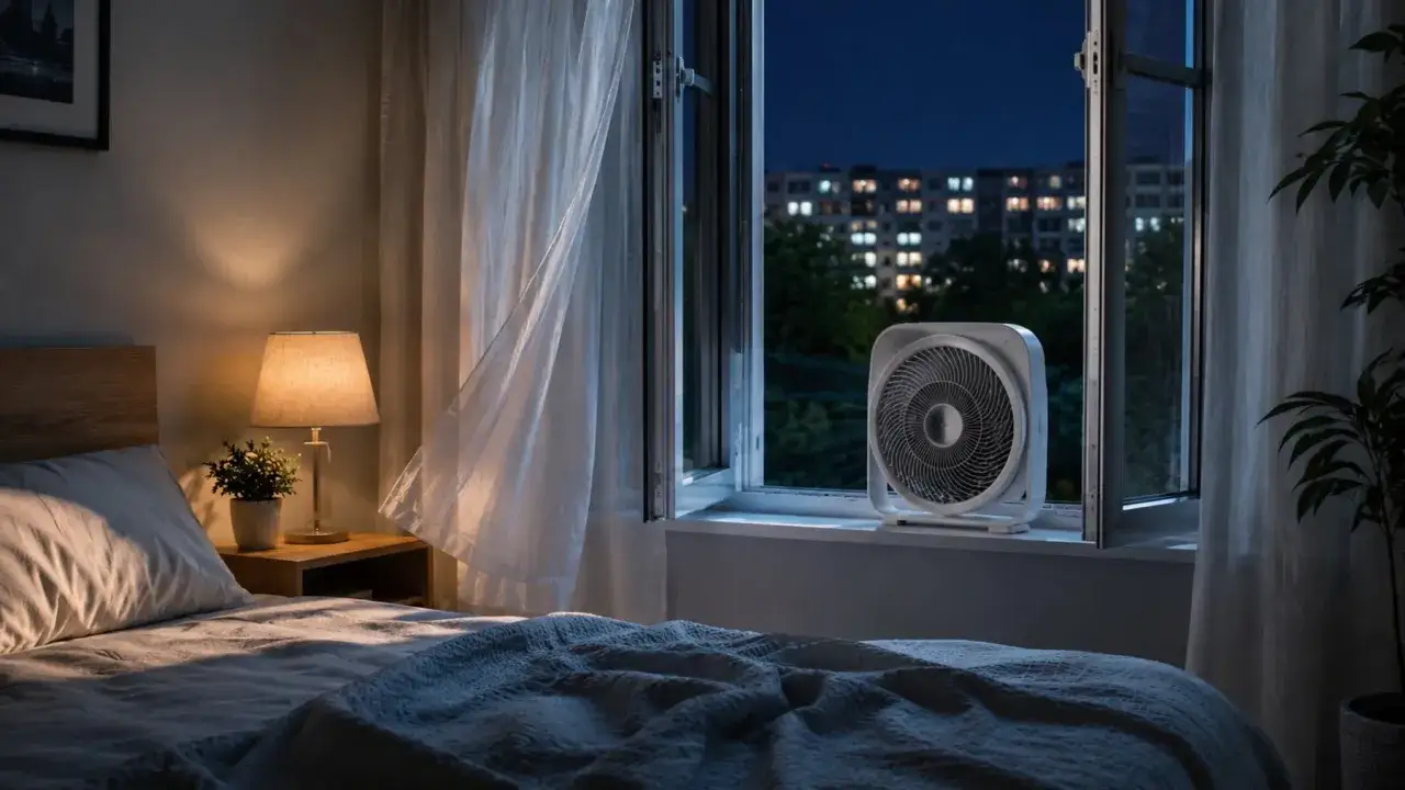 Ventilador blanco en la ventana para dormir con aire acondicionado. Cortinas ondeando, cama lista para descansar.