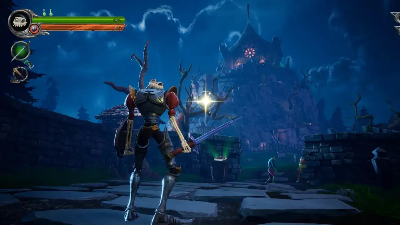 Un esqueleto guerrero con espada y escudo se prepara para la batalla en un castillo de fantasía. Guía medieval PS4.