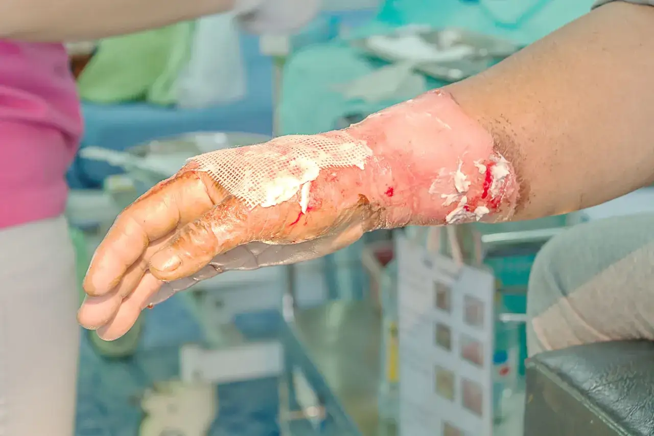 Main d'une personne avec un pansement sur une br&ucirc;lure grave. La peau est rouge et enflamm&eacute;e, avec des signes de gu&eacute;rison.