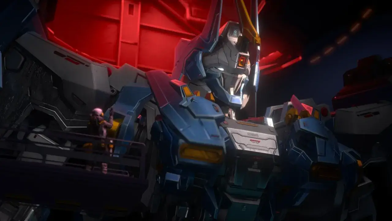 Pilot wchodzi do kokpitu gigantycznego mecha, gotowego do walki w Titanfall 3. Czerwone światła oświetlają scenę.