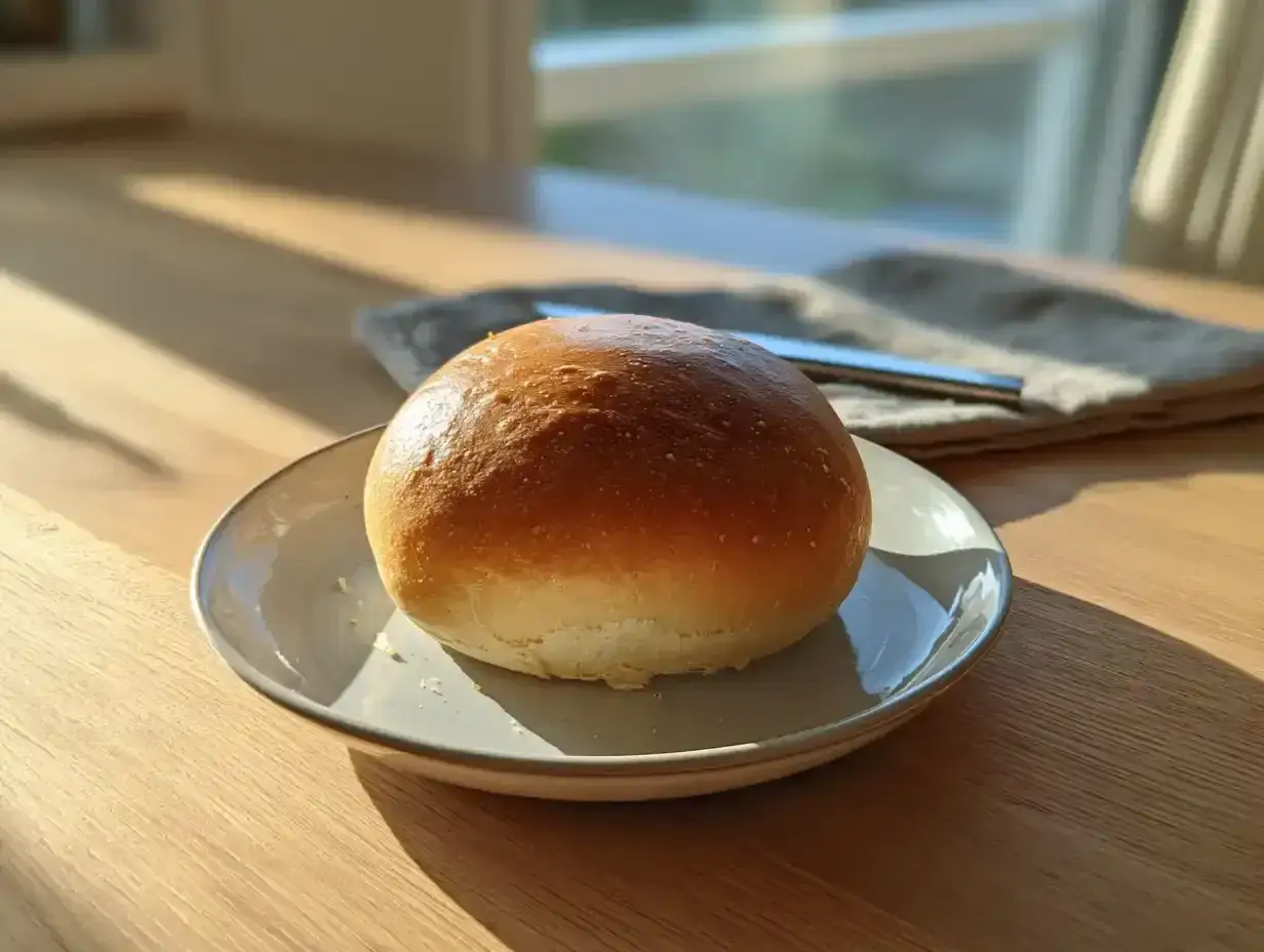 En gyllene semmelbulle ligger p&aring; en tallrik, redo att fyllas. Solen lyser in genom f&ouml;nstret.