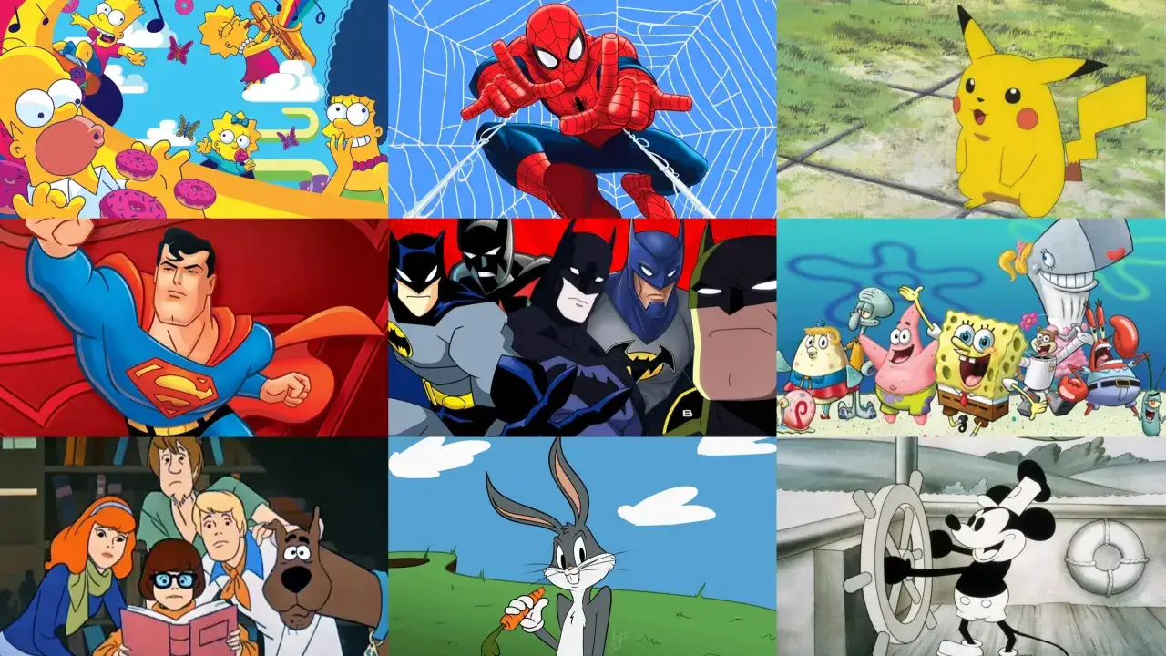 Un collage di personaggi iconici: i Simpson, Spider-Man, Superman, Batman, Pikachu, Scooby-Doo, Spongebob e Topolino.