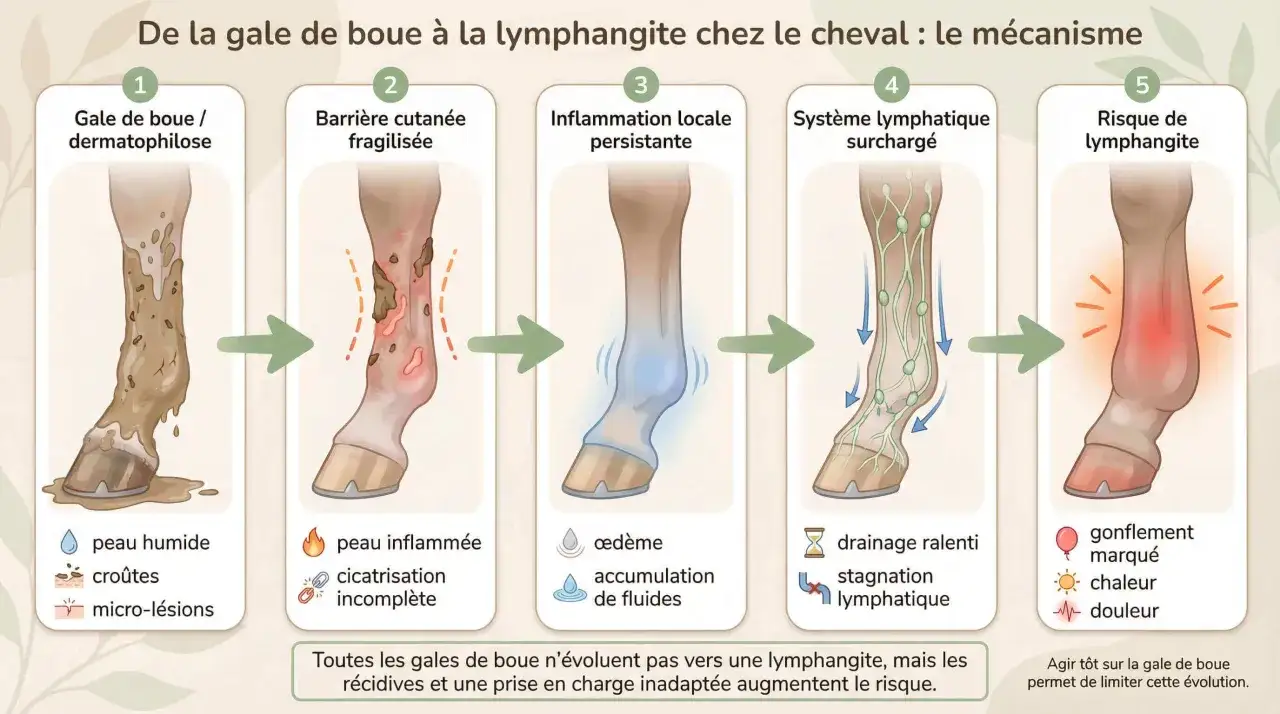 Le mécanisme de la gale de boue évoluant vers la lymphangite chez le cheval : peau humide, inflammation, œdème, drainage ralenti, puis gonflement et douleur.