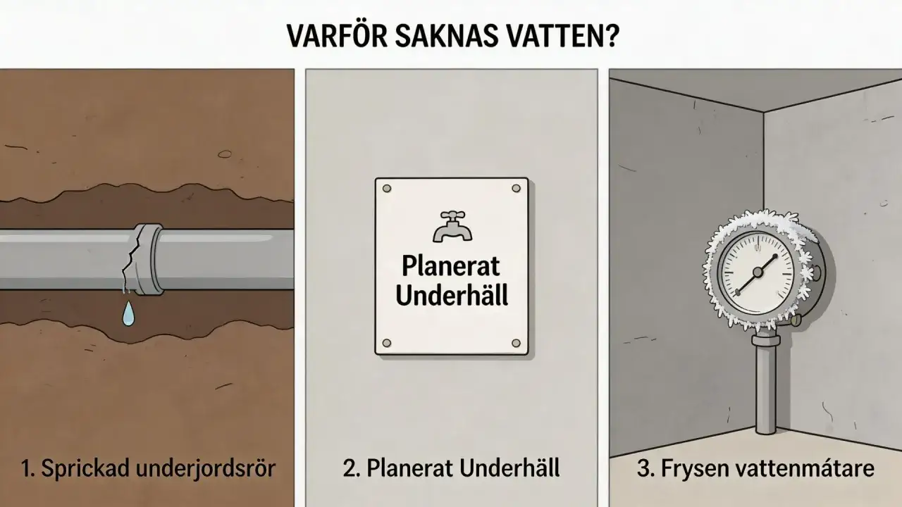 D&aring;ligt tryck i kranen egen brunn? Orsaker: spr&auml;ckt r&ouml;r, planerat underh&aring;ll eller fryst m&auml;tare.