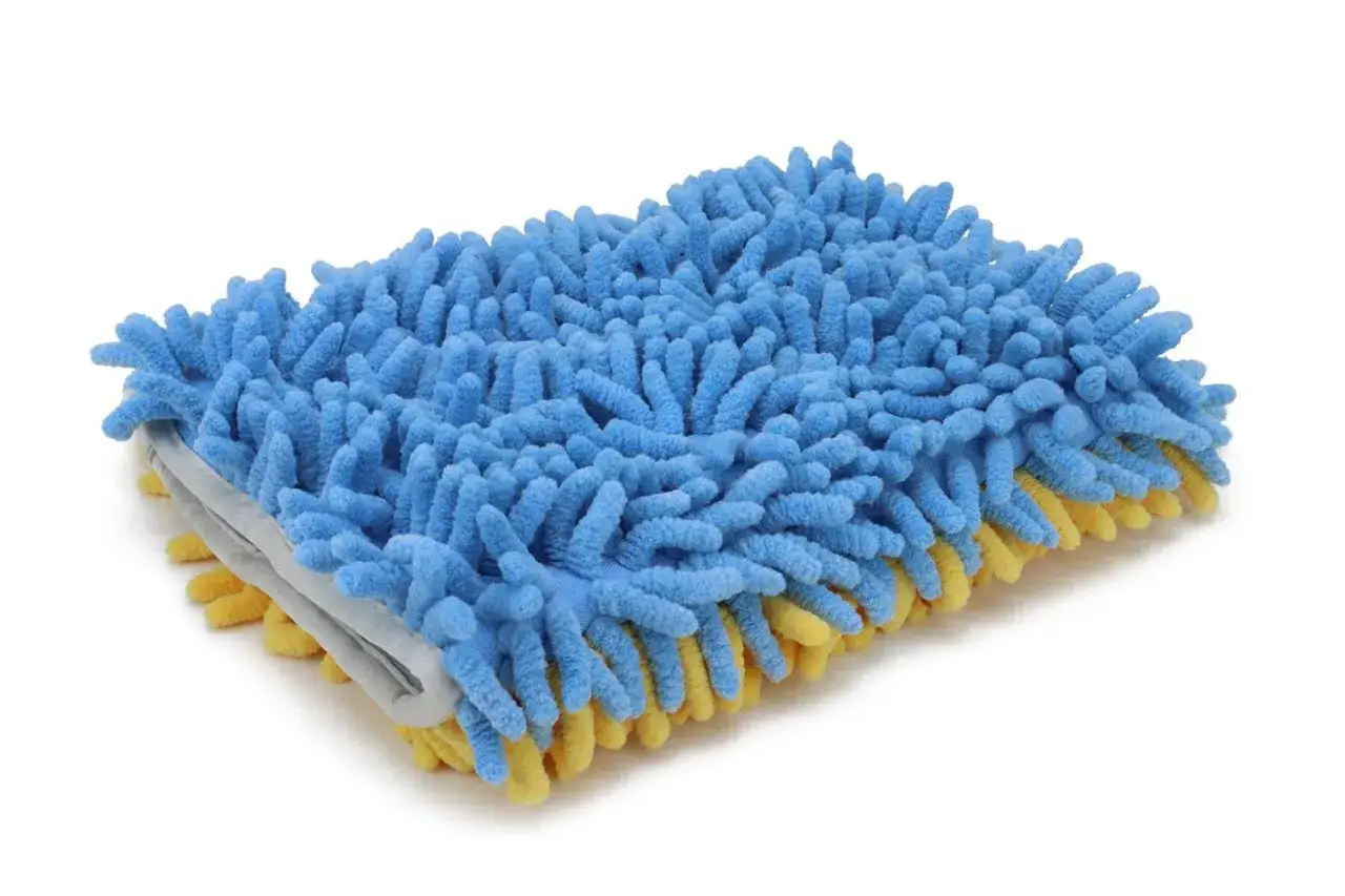 A blue and yellow chenille microfiber wash mitt, perfect for washing your car. While you might wonder if you can use dish soap to wash your car, this mitt is designed for car washing.