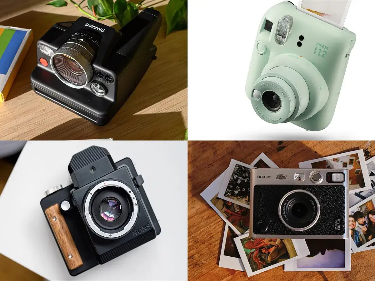 Cztery aparaty natychmiastowe: czarny Polaroid, miętowy Instax Mini 12, czarny NONS i srebrny Fujifilm Instax. Jaki Instax najlepszy?