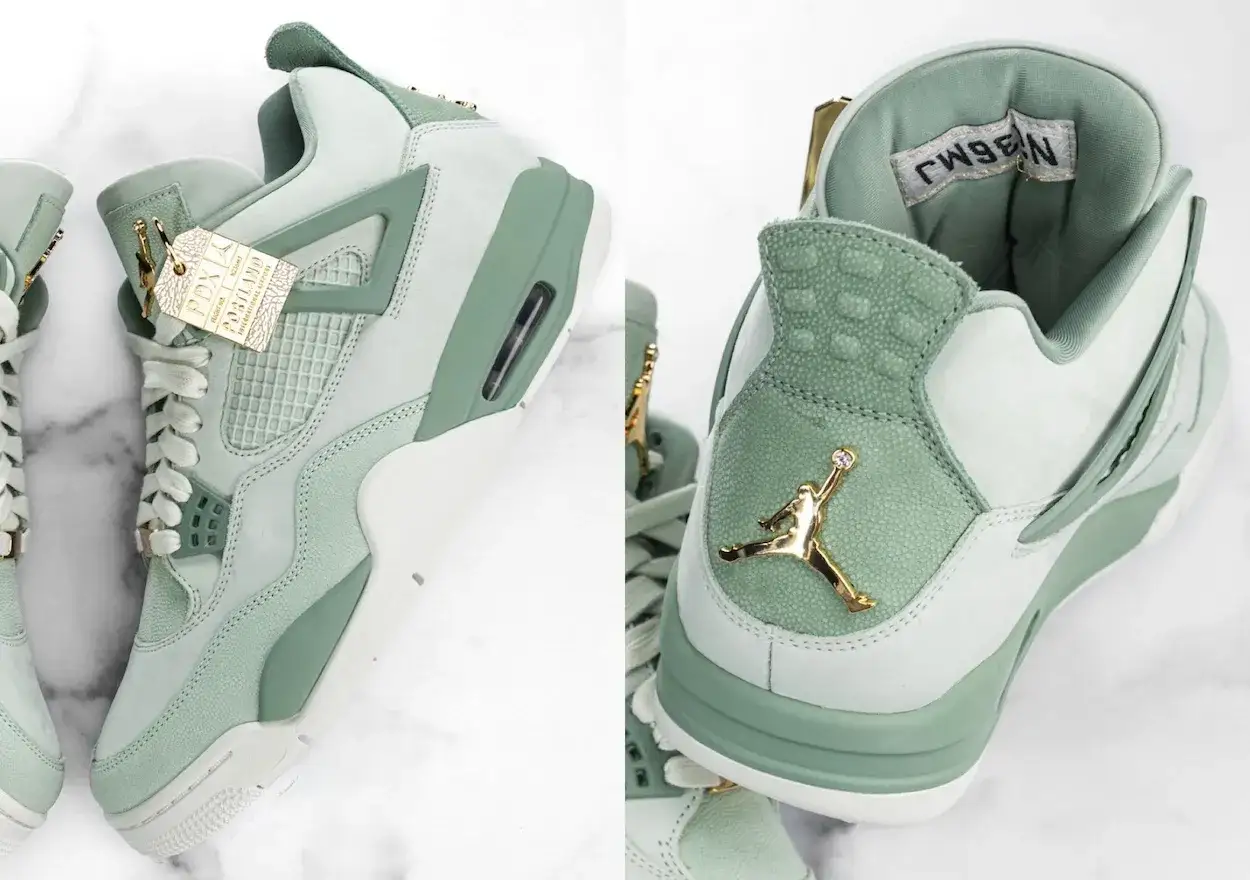 Sneakers Jordan 4 color verde menta, con dettagli dorati e un'etichetta che ricorda il 4/20.