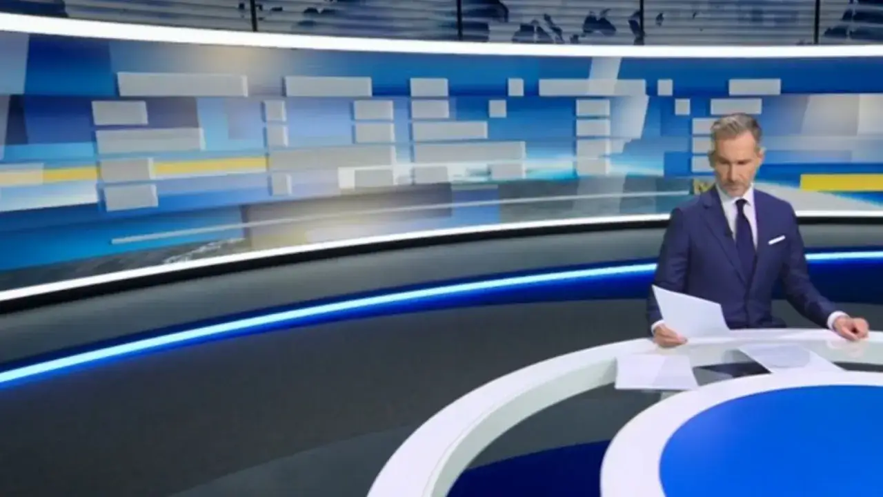 Prezenter w studiu TVN Fakty, ubrany w granatowy garnitur, czyta dokumenty. W tle nowoczesna scenografia.