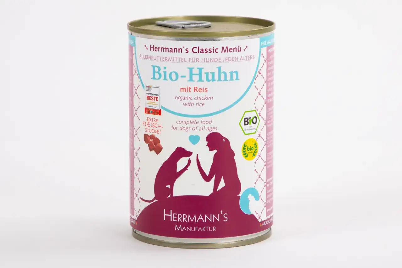 Dose Herrmann's Bio-Huhn mit Reis f&uuml;r Hunde. Ein gesundes Alleinfuttermittel, das den Hund mit wertvollem Getreide versorgt.