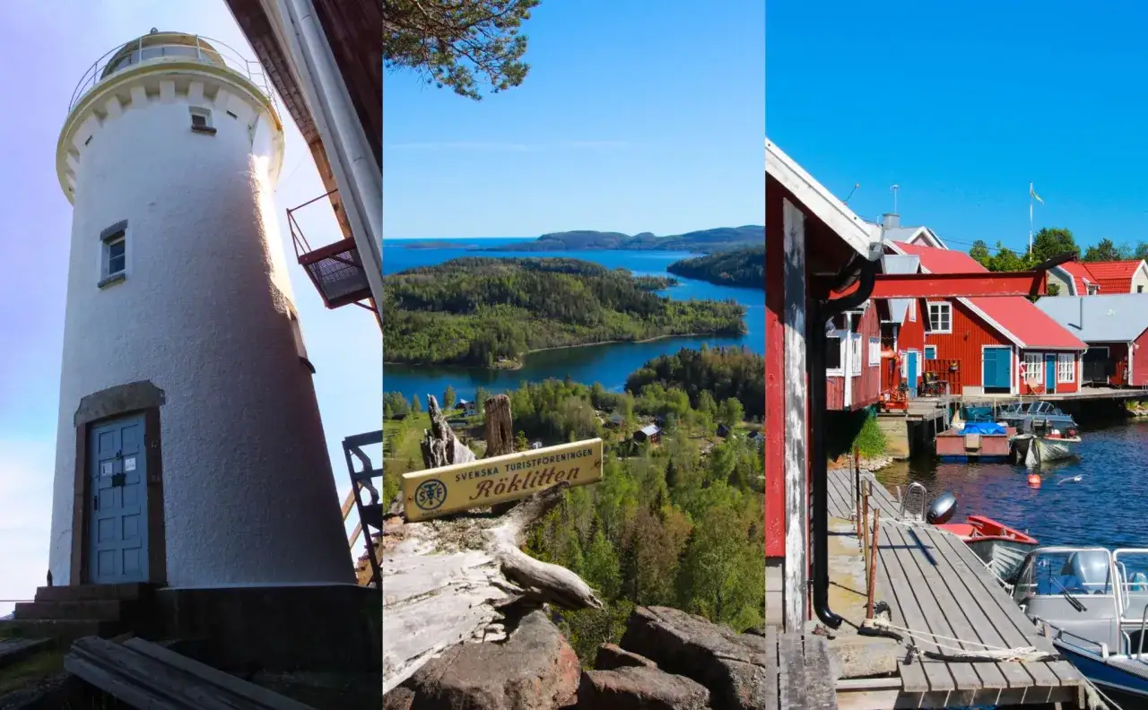 Fyra bilder visar en fyr, en sj&ouml; med &ouml;ar och skog, samt r&ouml;da sj&ouml;bodar vid en brygga. En skylt visar 