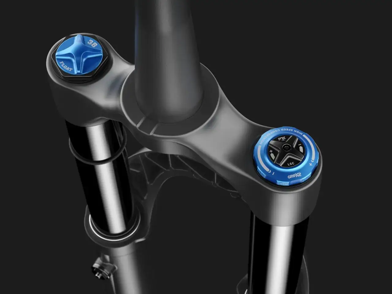 Close-up of a black bicycle fork with blue