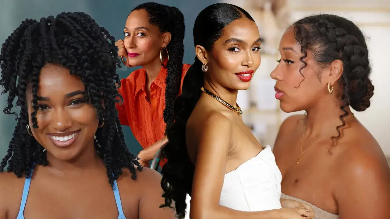 Showcasing diverse hairstyles for natural curly hair: twists, a sleek ponytail, and braided updos.