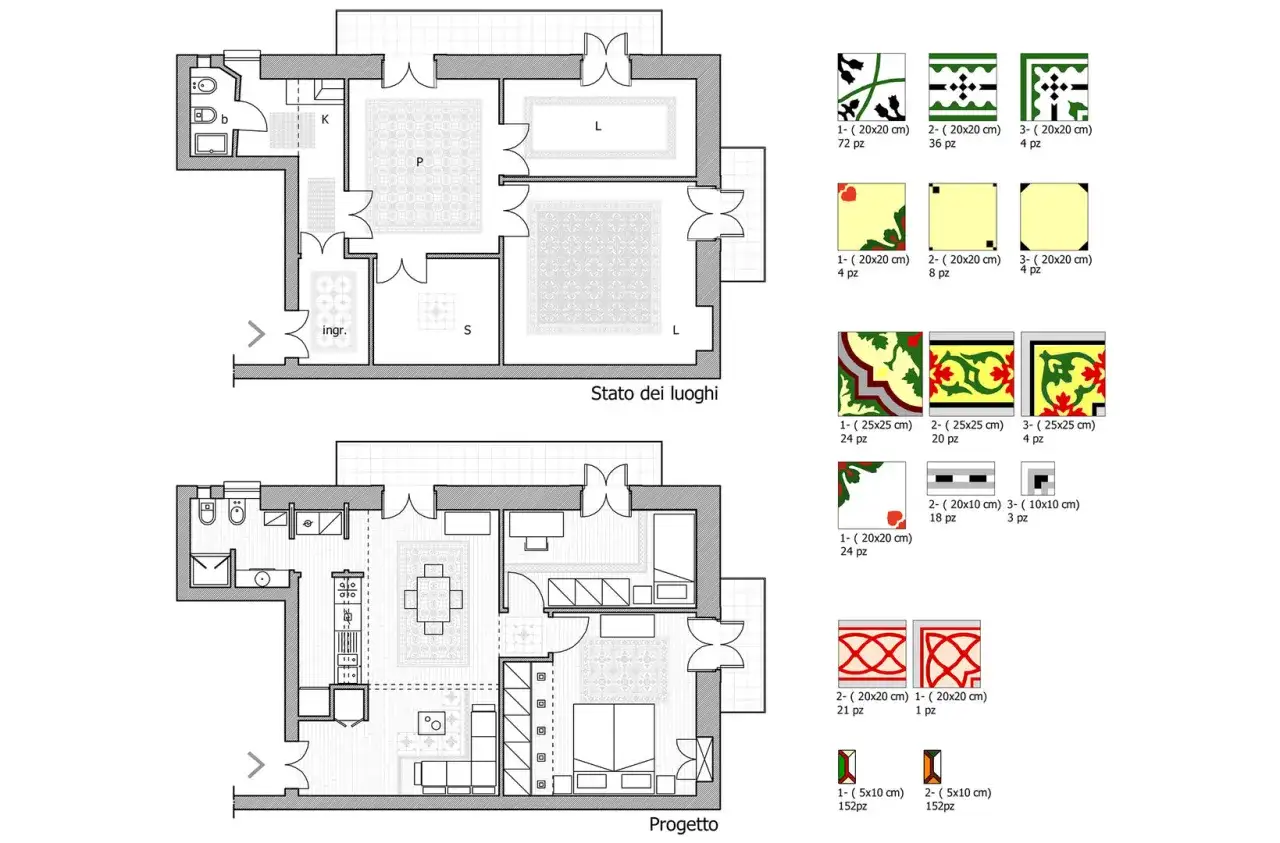 Pianta casa con dettagli di piastrelle decorative. Confronto tra stato attuale e progetto.