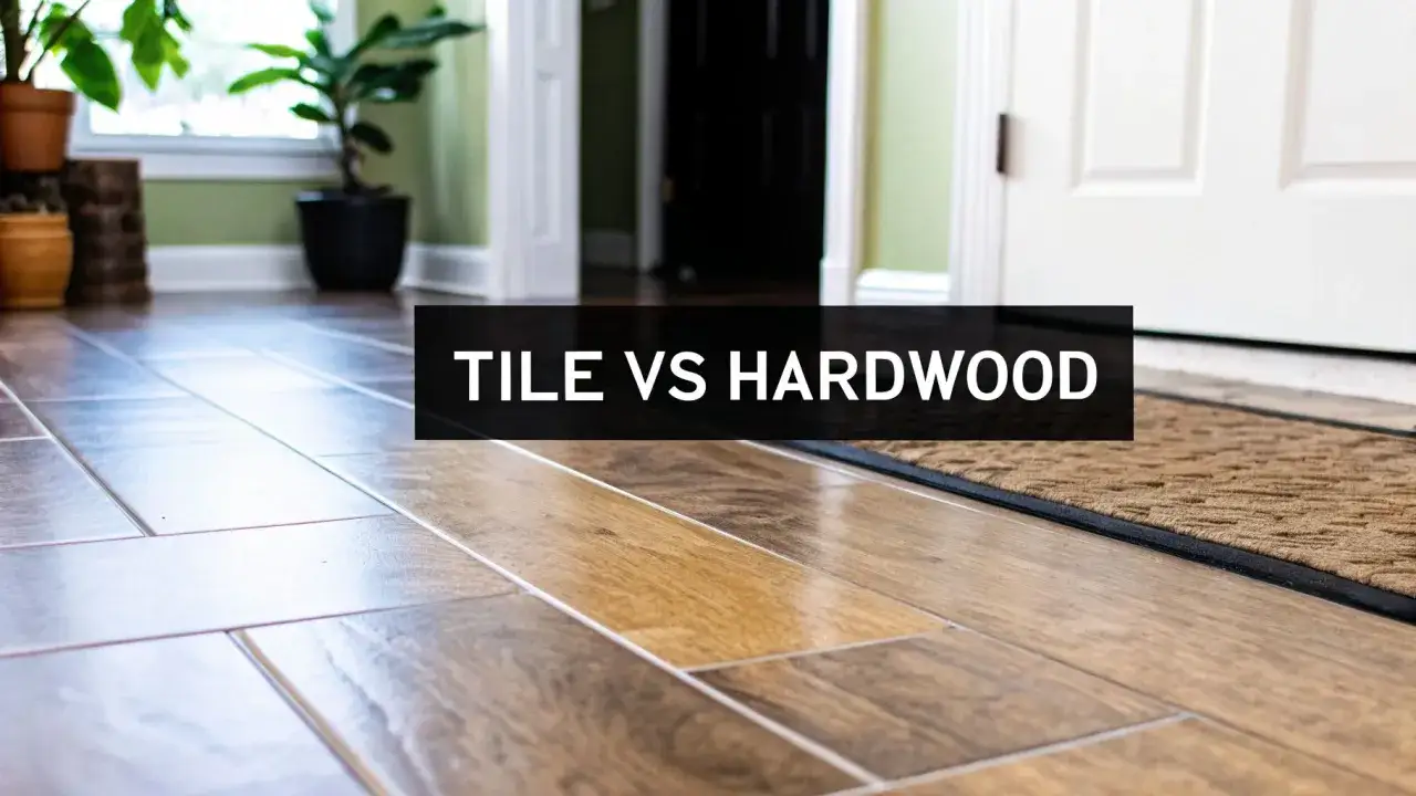 Tile vs. hardwood flooring. The image shows a hallway with a doormat and plants. The text overlay asks if tile is cheaper than hardwood.