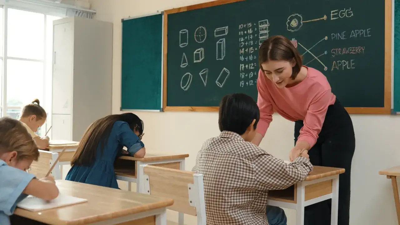 Nauczycielka pomaga uczniowi przy ławkach. Na tablicy matematyka i owoce. Godzina czarnkowa zniesiona, czas na naukę!
