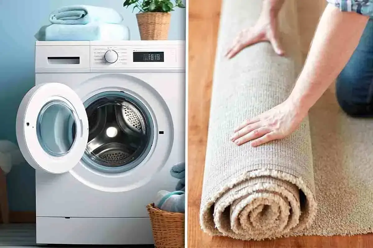 Lavare i tappeti in lavatrice è facile. Ecco una lavatrice con un tappeto arrotolato pronto per essere lavato.