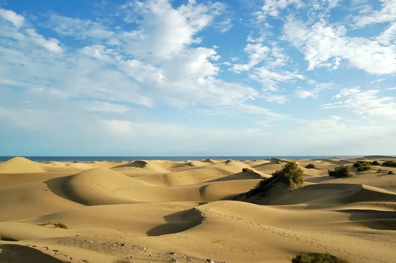 Paisaje de dunas doradas en España, con el mar azul al fondo y un cielo despejado con nubes blancas.