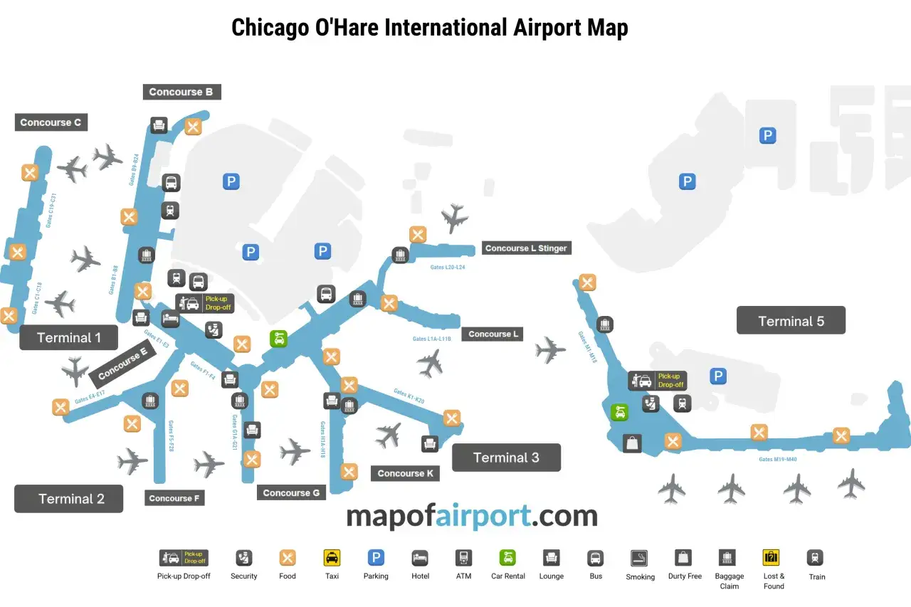 Mapa lotniska Chicago O'Hare z terminalami 1-5, halami B, C, E, F, G, K, L, P i ikonami usług.