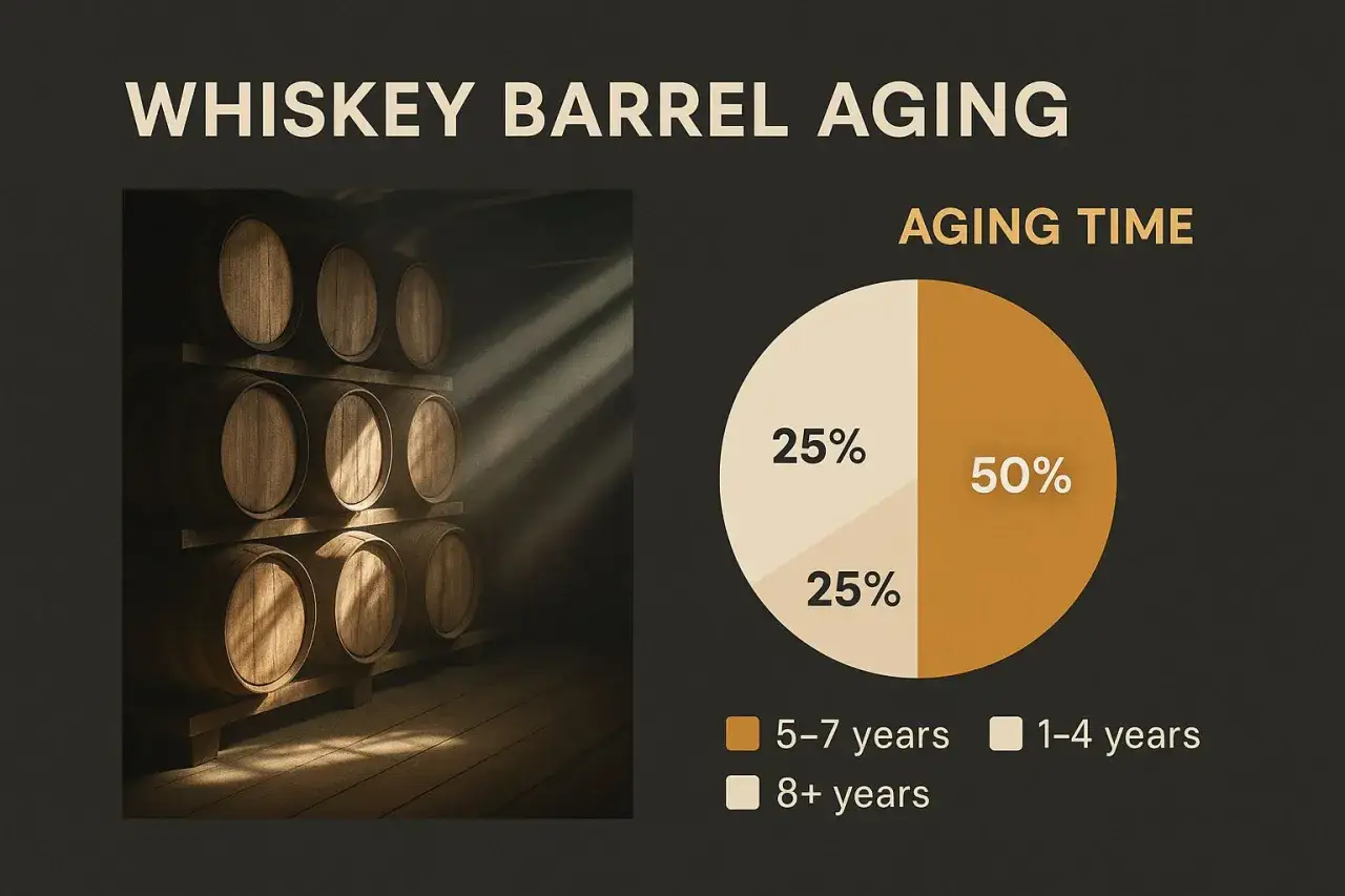 Holzf&auml;sser lagern im Schatten, w&auml;hrend ein Tortendiagramm zeigt, was ist Whisky: 50% reifen 5-7 Jahre, 25% 1-4 Jahre, 25% 8+ Jahre.