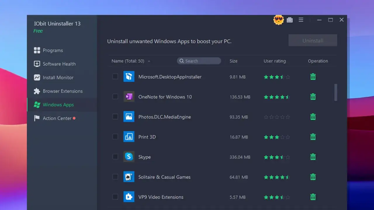 IObit Uninstaller pokazuje listę aplikacji Windows, pomagając zdecydować, jak przywrócić odinstalowane aplikacje lub je usunąć.