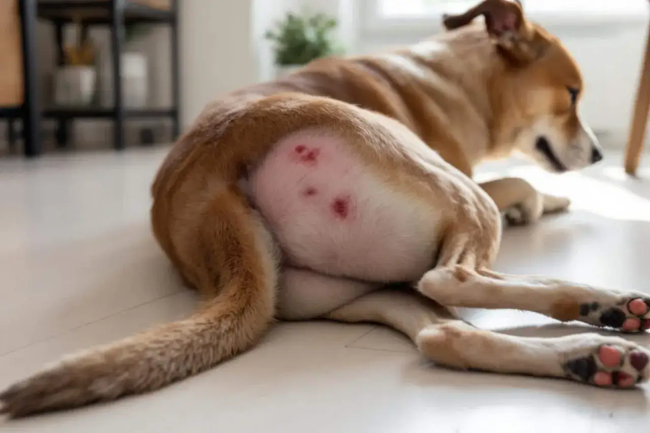 Chienne souffrant de rougeurs sur le ventre, peut-&ecirc;tre dues &agrave; la chaleur. Une protection est n&eacute;cessaire.