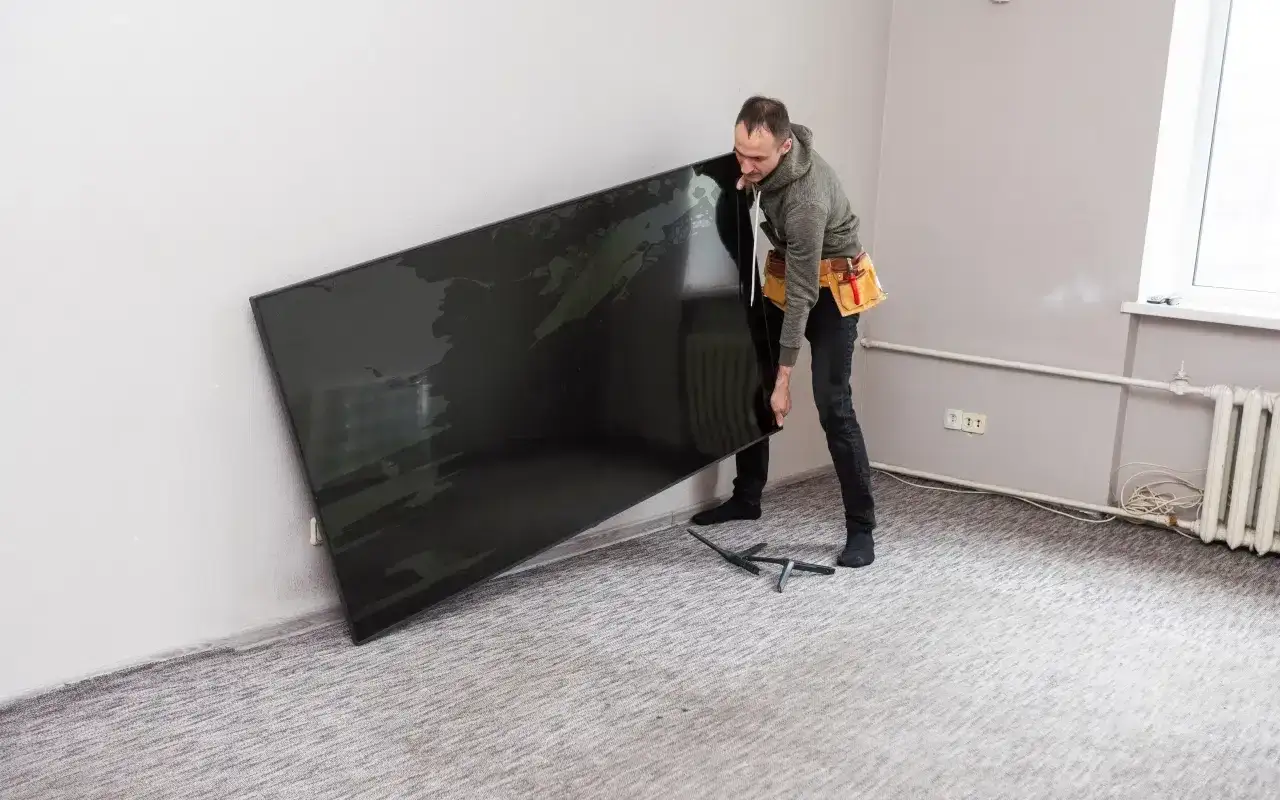 Mężczyzna z pasem narzędziowym przy ścianie trzyma duży, czarny telewizor, zastanawiając się, na jakiej wysokości telewizor będzie najlepiej wyglądał.