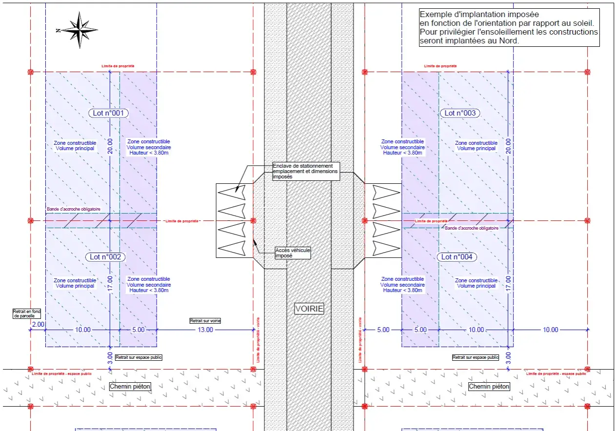 Plan de lotissement montrant les zones constructibles et les r&egrave;gles de construction en limite de propri&eacute;t&eacute;, avec tol&eacute;rance pour l'ensoleillement.