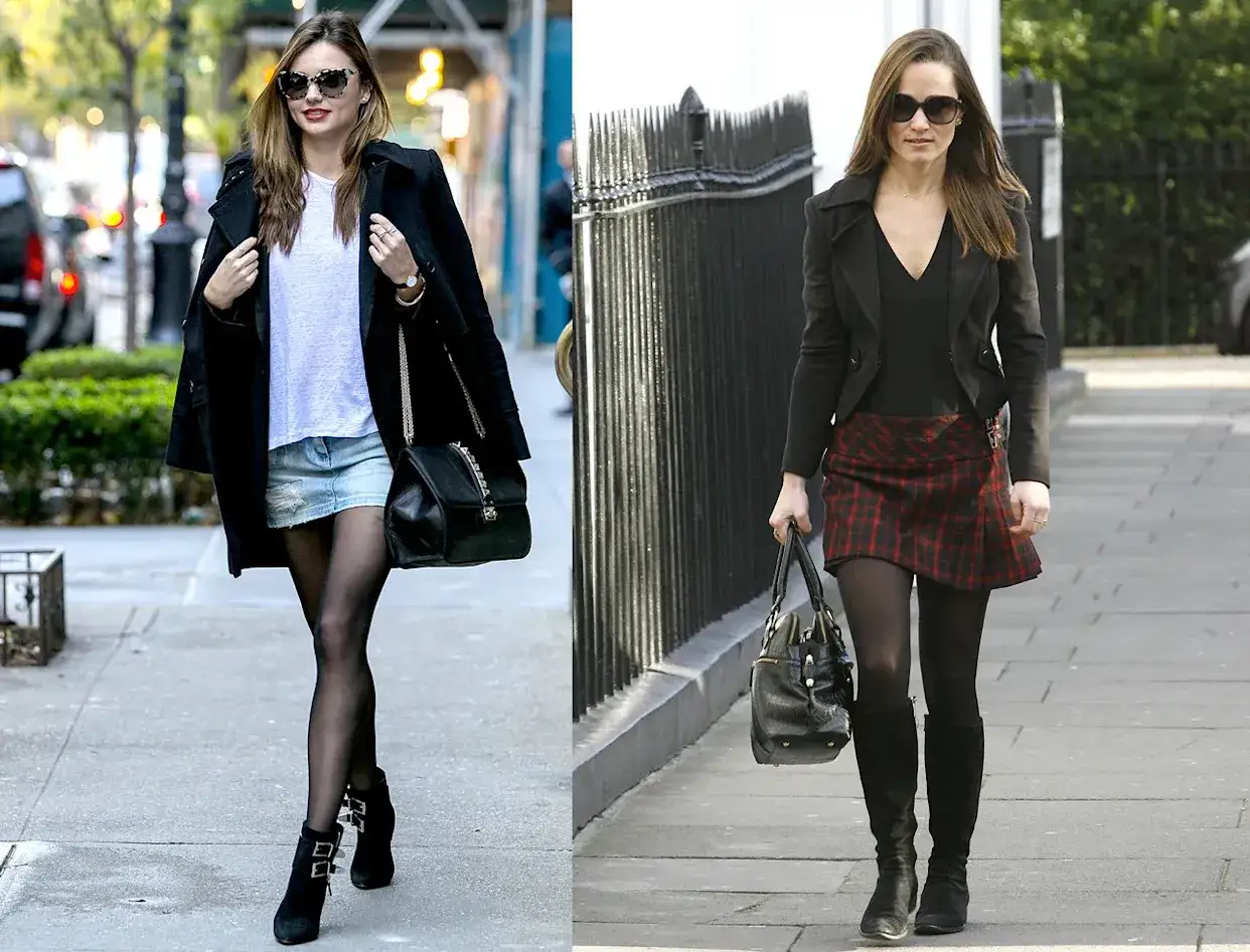 Deux femmes en jupe et bottes, l'une en jean court et bottines, l'autre en jupe écossaise et cuissardes.