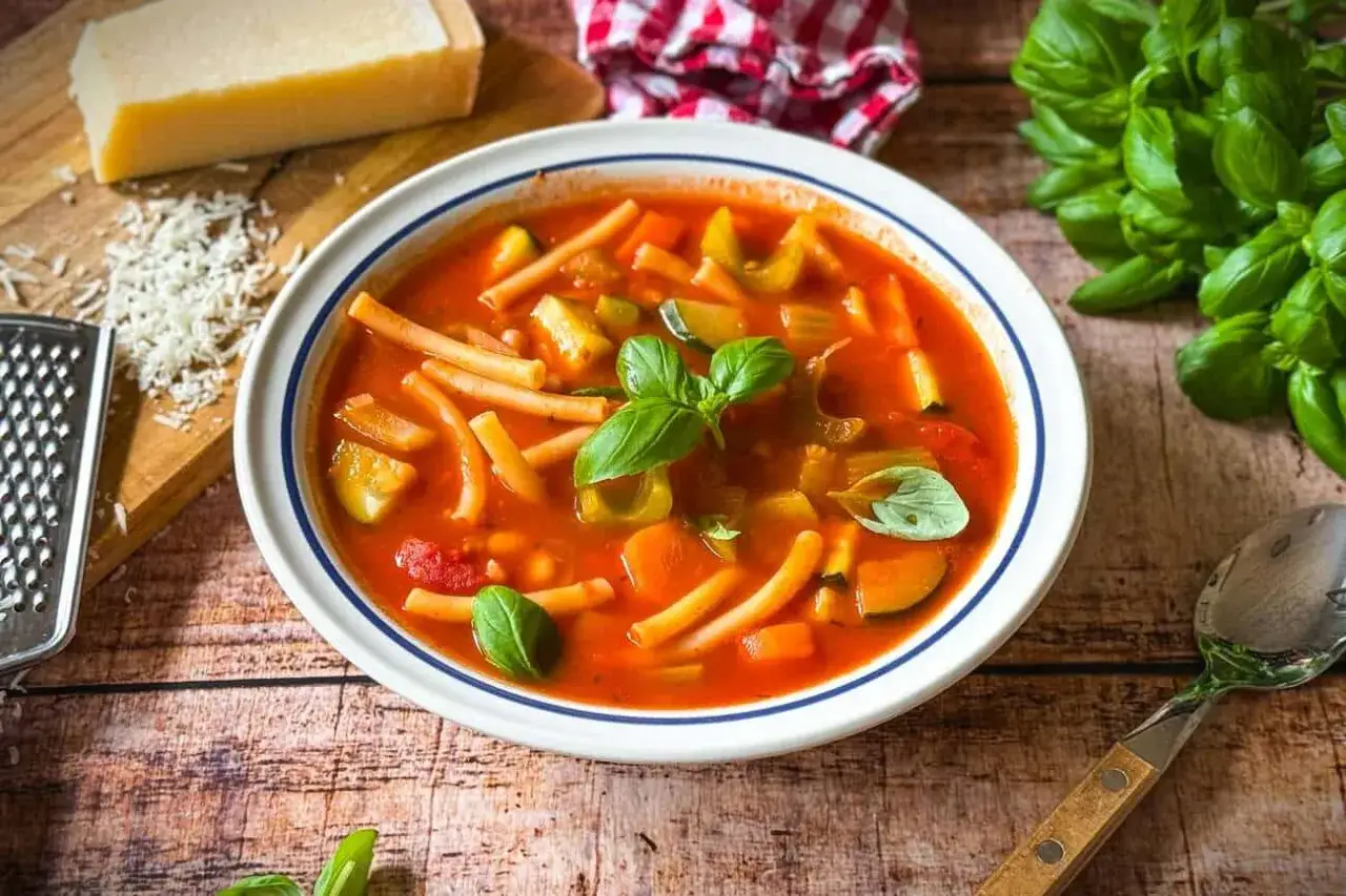 Herzhaftes Minestrone Rezept mit viel Gemüse und Pasta, garniert mit frischem Basilikum. Dazu ein Stück Parmesan und eine Reibe.