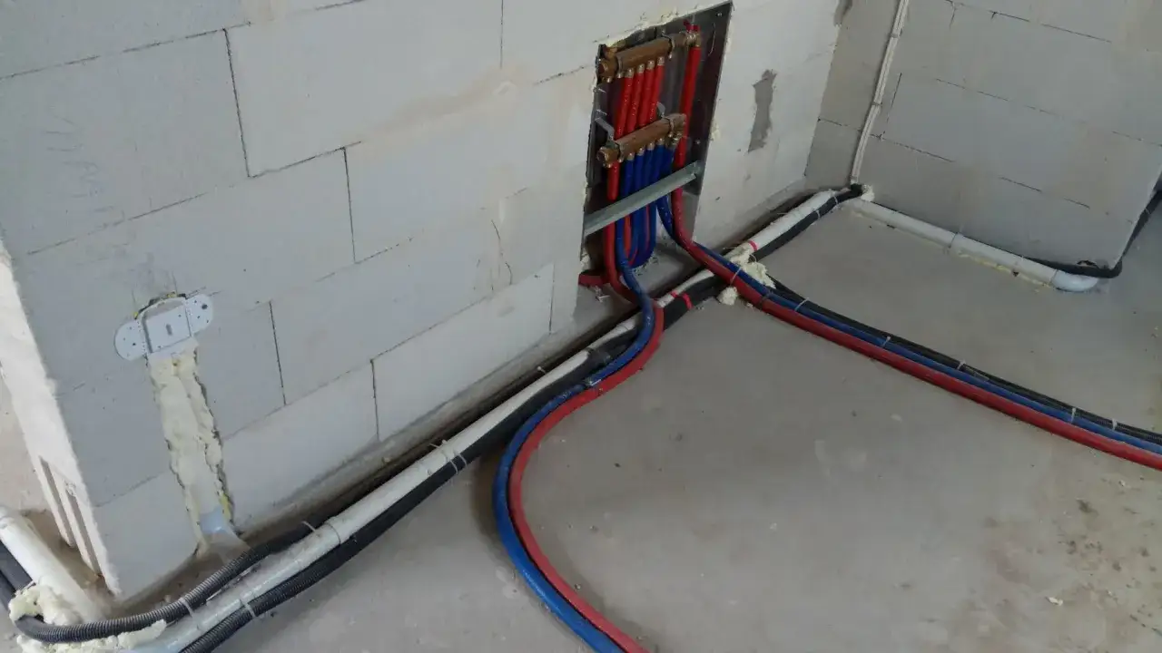 Widoczne instalacje hydrauliczne przed tynkami: czerwone i niebieskie rury wodne oraz czarne peszle z przewodami, ułożone wzdłuż ścian i podłogi.