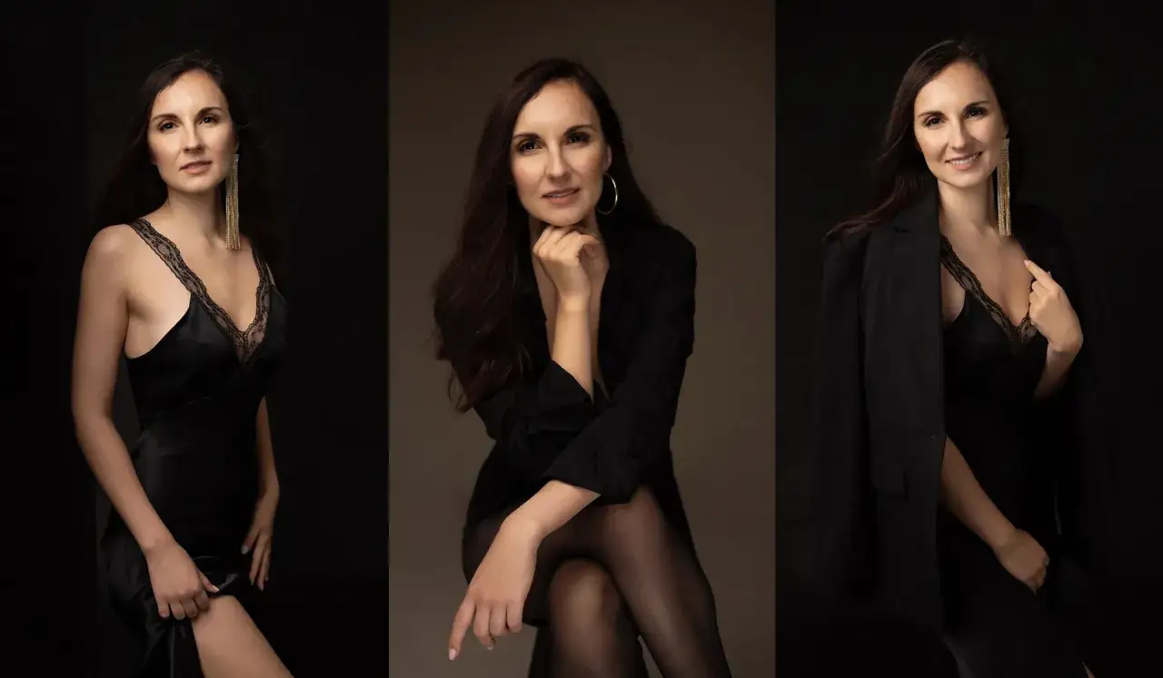Elegancka kobieta w czarnej sukience i marynarce. Dowiedz się, ile kosztuje sesja zdjęciowa, by stworzyć podobne ujęcia.