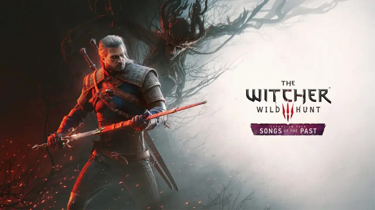 Geralt z Rivii gotów do walki w nowym dodatku Wiedźmin 3: Pieśni Przeszłości. Mroczna atmosfera i groźne drzewo w tle.