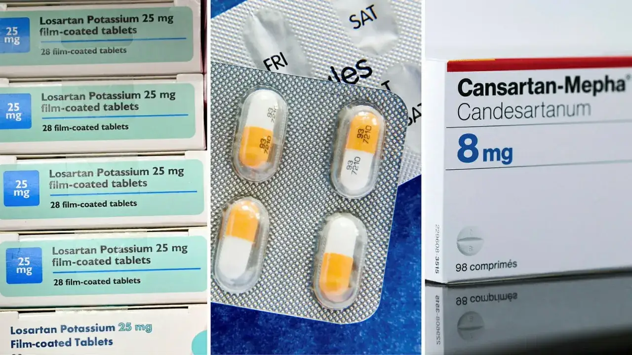 Losartan-f&ouml;rpackningar och kapslar i blister. L&auml;kemedel som Cansartan-Mepha kan ha liknande losartan biverkningar.