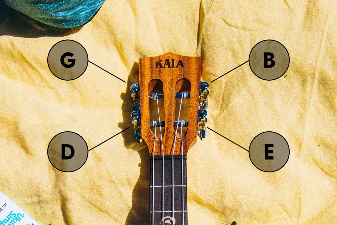 Kopf einer Sopran Ukulele mit den Saiten G, B, D, E. So stimmst du deine Ukulele.