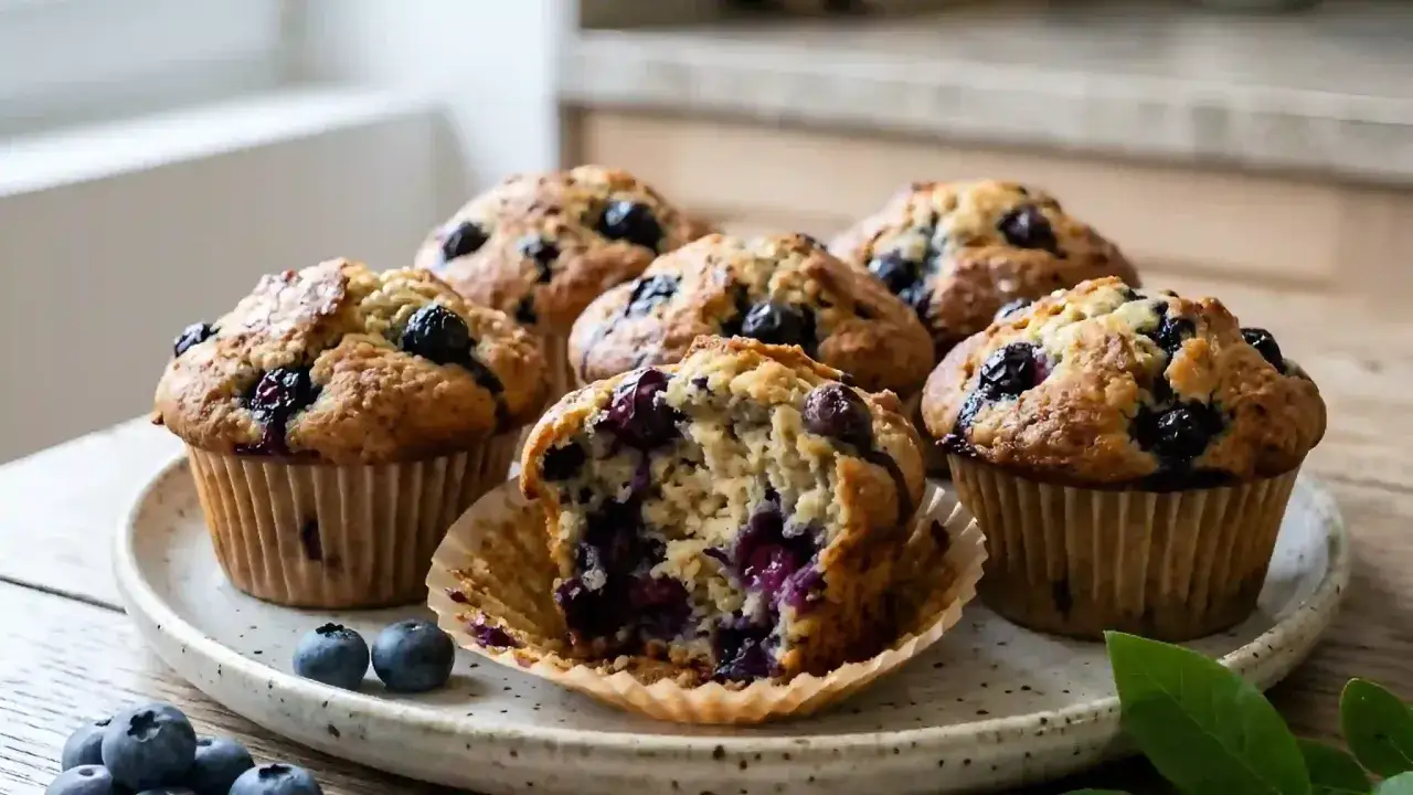 Un plateau de muffins myrtille dor&eacute;s, un est ouvert r&eacute;v&eacute;lant une mie moelleuse et des myrtilles juteuses.