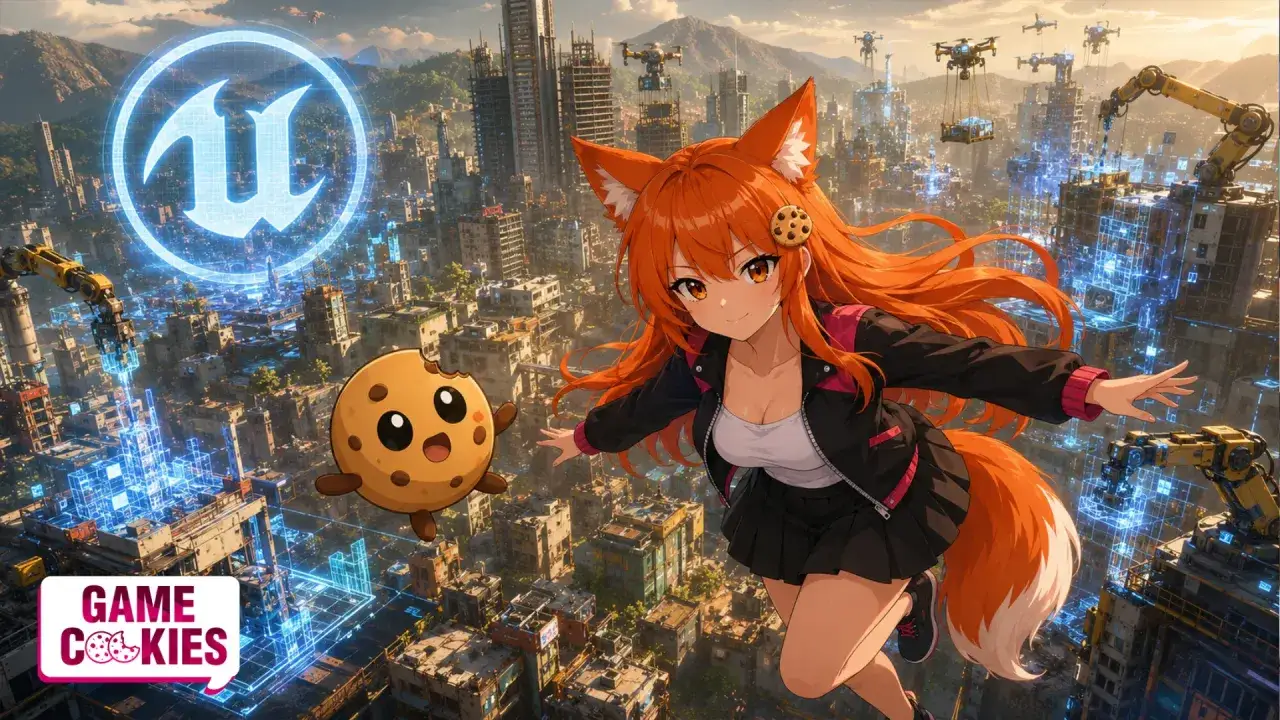 Anime-Mädchen mit Fuchsohren und ein Keks schweben über einer futuristischen Stadt, die mit Unreal Engine 6 erstellt wurde.