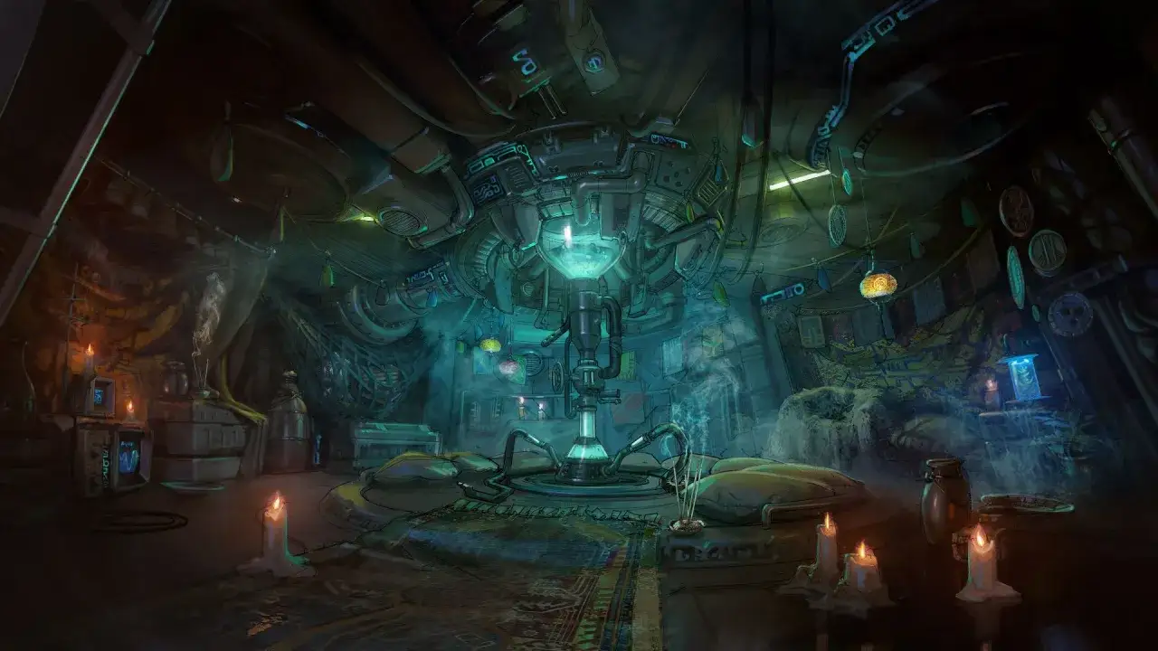 Un laboratorio misterioso, como el de Alice en el País de las Maravillas, con un extraño aparato central y velas encendidas.
