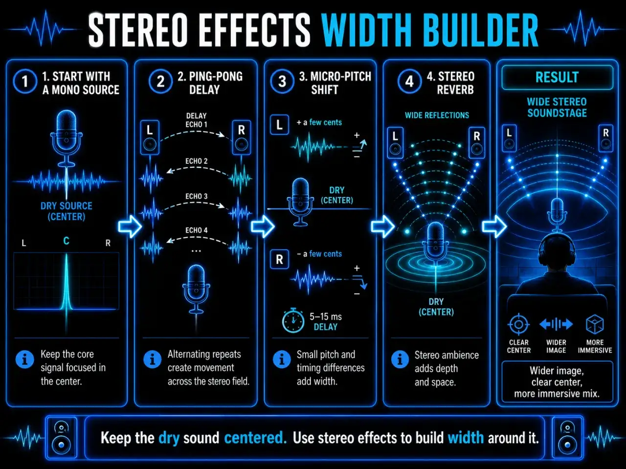 Efekty stereo budują szerokość dźwięku. Zaczynając od dźwięku mono, przez ping-pong delay, mikro-pitch shift i stereo reverb, tworzymy szeroką scenę dźwiękową.