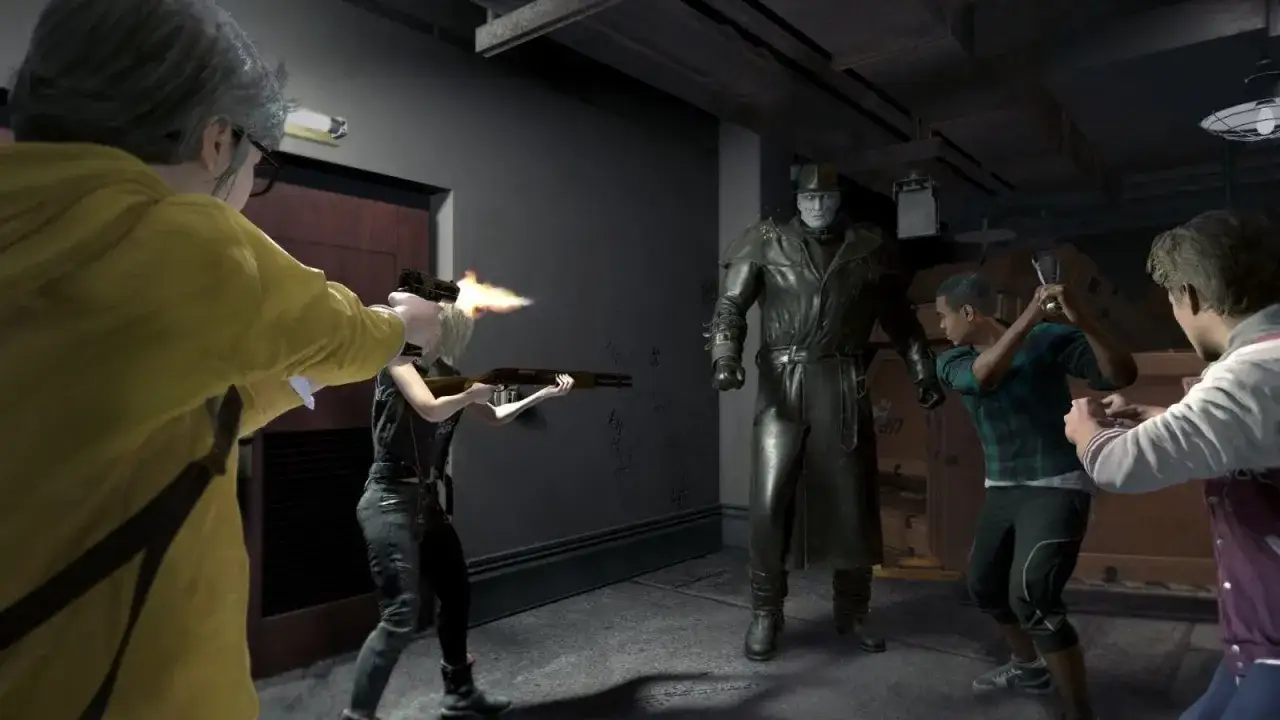 W grze Resident Evil Resistance, grupa ocalałych walczy z Nemesisem. Kobieta strzela z pistoletu, a druga z strzelby.